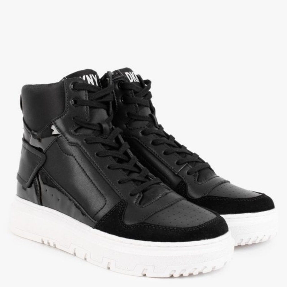 NIB DKNY Mayzi High Top Lace Up Platform Sneaker Leather Black 6M Retro Fashion